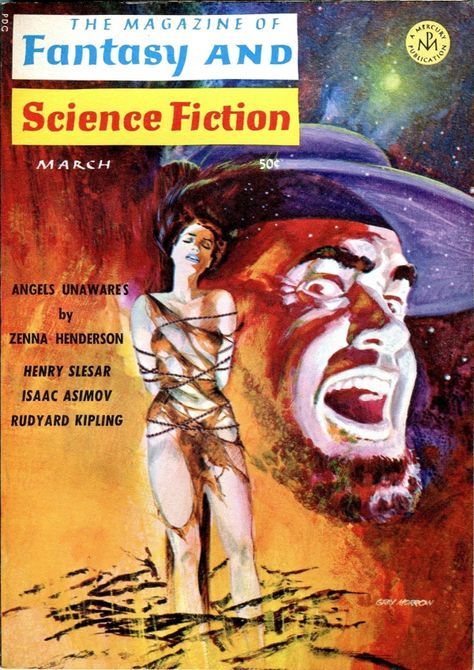 David A, Hardy, F&SF 75-08, illustrating Earthset and Evening Star by Isaac Asinov.