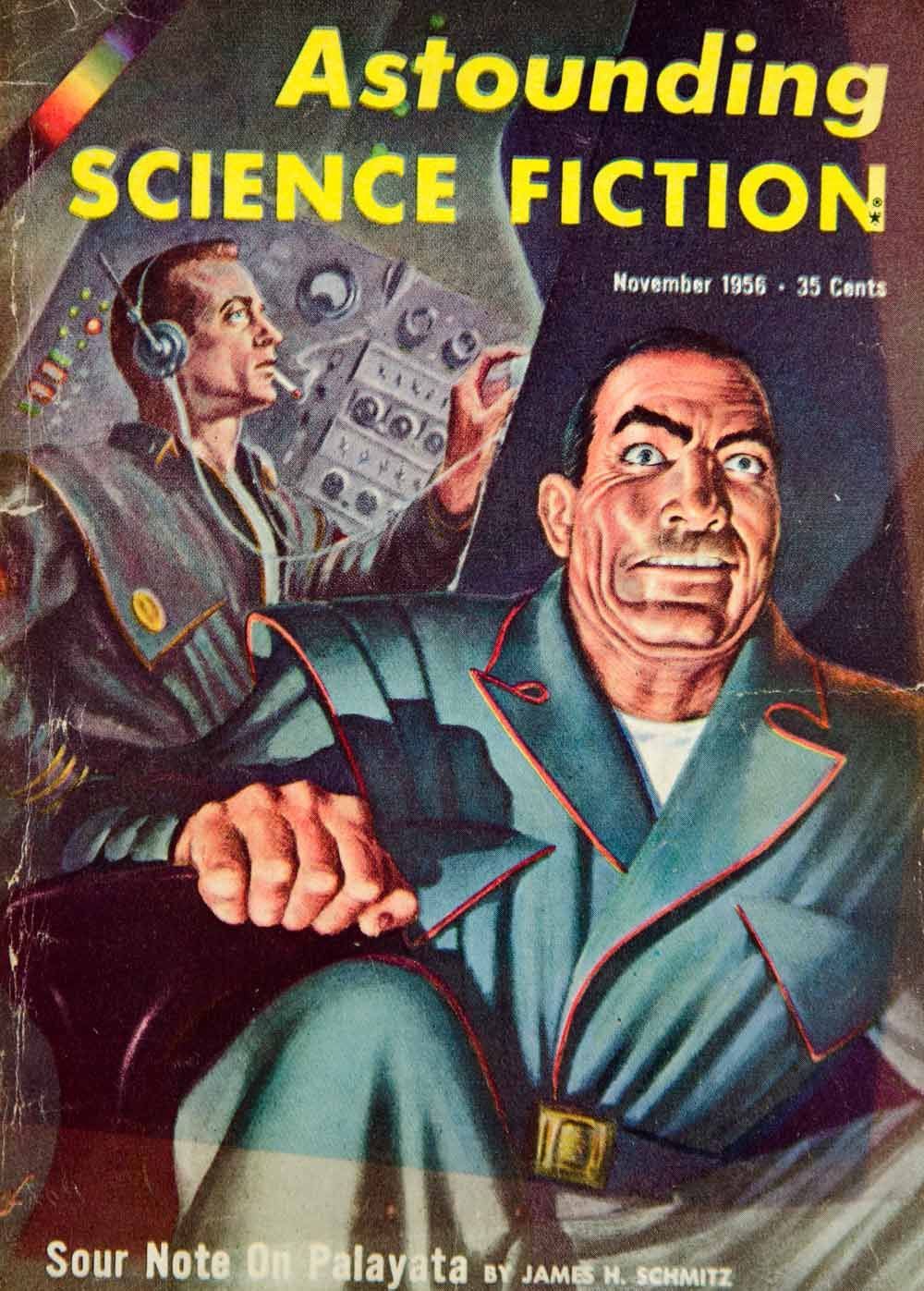Kelly Freas, Astounding SF 56-06, Plus X by Eric Frank Russell. Obese alien guard hallucinating a face in a rock wall.