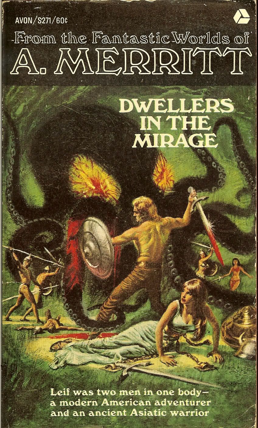 Uncredited artist, Dwellers, 1944. Why is a romantic cover for an adventure fantasy novel being published as a Murder Mystery Monthly book?