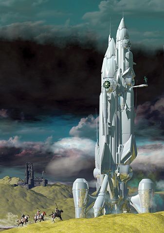 Franco Bambilla, Italian cover (flipped) for The High Crusade by Poul Anderson, Urania Collezione #115, 2012. Knights vs. alien invaders, a fun story.