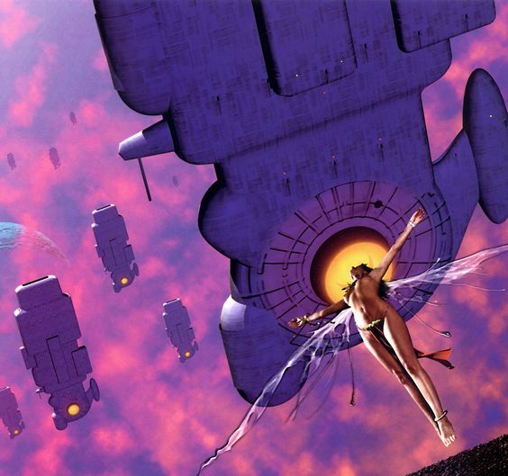 Fred Gambino. The right lower portion of this painting was used for the cover of Edge of Light 1998. Contains 5 novels by Robert Silverberg, one of my favorite authors: Nightwings (composed of the 1968 Hugo winning novella Nightwings plus the 1969 Nebula nominated novella To Jorslem), A Time of Changes (1971 Nebula winner), Dying Inside (Hugo and Nebula nominee), Downward to the Earth, and A Second Trip.