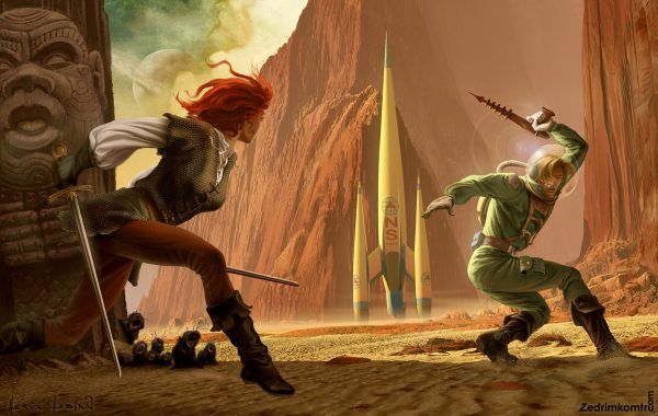 Herve Leblan, Jirel of Joiry/Northwest Smith by C.L. Moore. The left side of the painting was used for a French collection of Moore's Jirel of Joiry stories. The right side was used for a collection of her Northwest Smith stories.