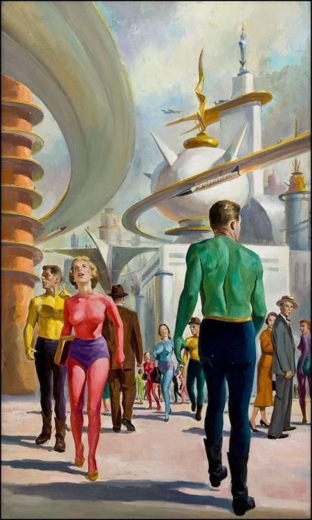 A classic of 1950s futuristic city art by Bob Lavin, Tomorrow and Tomorrow by Hunt Collins (Evan Hunter AKA Ed McBain) 1956. I believe the story is about the clash of cultures in a future society, relevant to the US today. Notice the traditional dress in the lower right versus the women in body paint and hot pants.