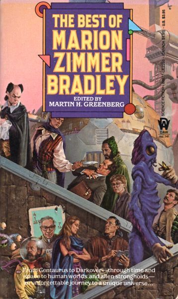 Richard Hescox, The Best of Marion Zimmer Bradley 1988. That's MZB on the stairway with glasses, the poster face is Robert Bloch and the man in the bubble helmet is Damon Knight. I don't recognize the others but the little imp might be a young Harlan Ellison.