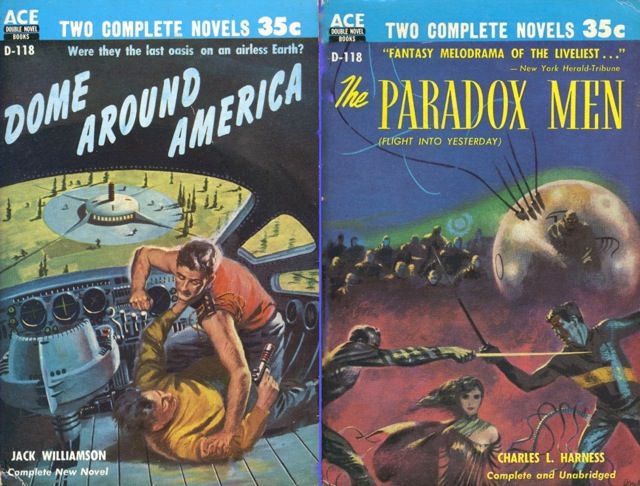 D-118 Ed Valigursky, Dome Around America by Jack Willianson/Richard Powers, The Paradox Men by Charles L. Harness, 1955.