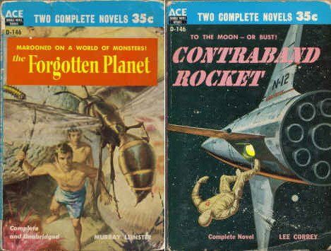 D-146 Robert E. Schulz, The Forgotten Planet by Murray Leinster (William Fitzgerald Jenkins)/Ed Valigursky, Contraband Rocket by Lee Corey (G. Harry Stine), 1956.