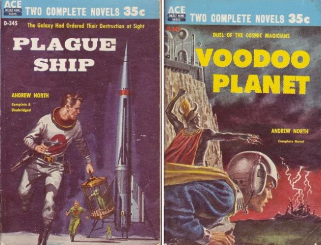 D-345 Ed Valigursky, Plague Ship/Emsh, Voodoo Planet, both by Andrew North (Andre Norton), 1959.