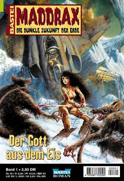 Maddrax 001: The God from the Ice by Jo Zybell, 2000-08-02. This series began in Feb. 2000 and is still continuing today for a total of 563 volumes so far (August 2021)! Cover by Koveck (Antonio Garcia, an Argentine).