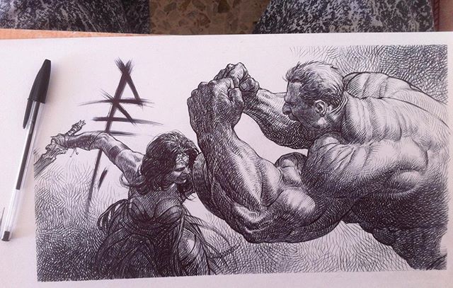 Sketch for inktober by Riccardo Federici #hulk #bicpenart #ink #federici #riccardofederici #inktober #wonderwoman #crossover #dc #marvel