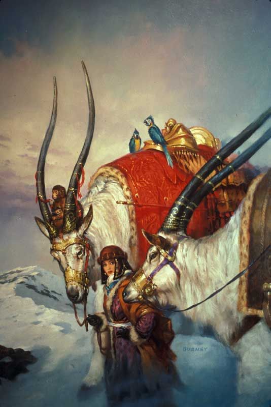 ALPINE PRINCESS BY JAMES GURNEY. This is the cover of The Zanzibar Cat by Joanna Russ, Baen Books, 1984. This is one of my favorite Gurney covers.