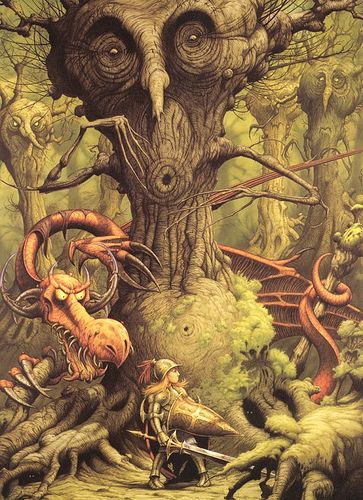 Jabberwocky by Rodney Matthews fantastico, humanización, textura, realismo, movimiento, composición abierta y con dirección