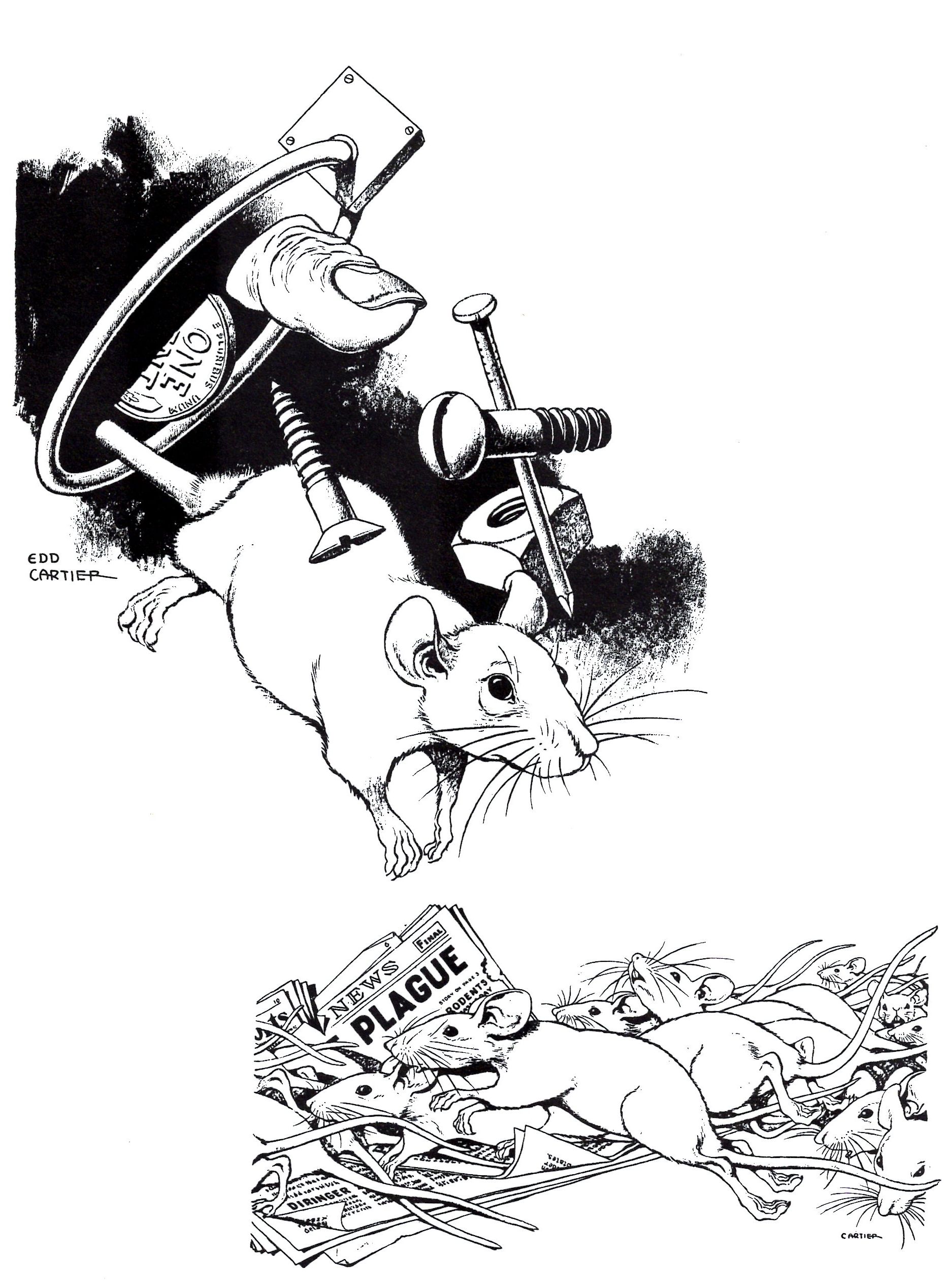 Edd Cartier's Covers Art Edd Cartier, a pair of illustrations for Rat Race by George O. Smith, Astounding SF 47-08, p.62 Upper) and 55 (lower), from Edd Cartier: The Known and the Unknown edited by Dean Cartier.