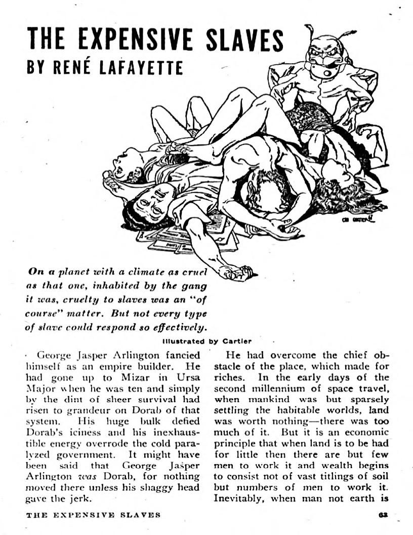 Edd Cartier's Covers Art Edd Cartier, The Expensive Slaves by Rene Lafayette (L. Ron Hubbard), Astounding SF 47-11, p.63.