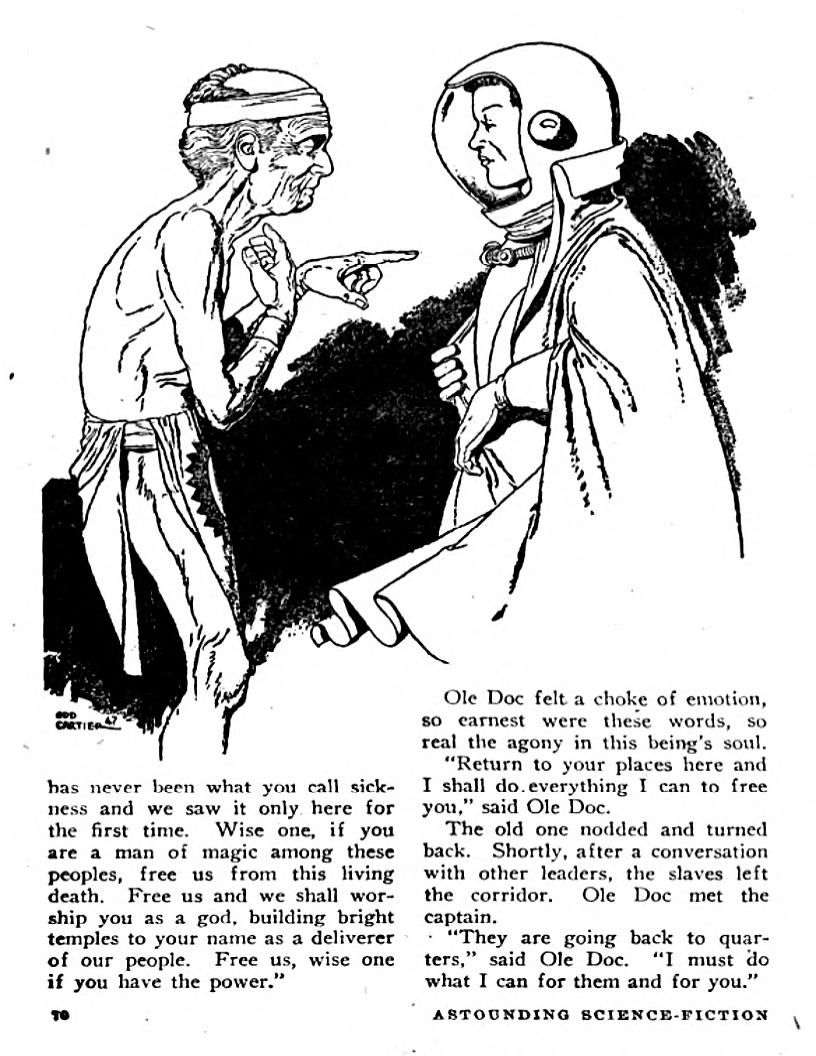 Edd Cartier's Covers Art Edd Cartier, The Expensive Slaves by Rene Lafayette (L. Ron Hubbard), Astounding SF 47-11, p.70.