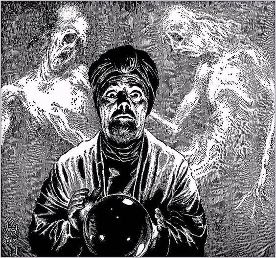 Virgil Finlay for Weird Tales 's visual Art This illo was selected for the 2019 Virgil Finlay calendar. Virgil Finlay, The Fifth Candle by Cyril Mand (George R. Hahn and Richard Levin), Weird Tales 39-01, p.55. Caption: 