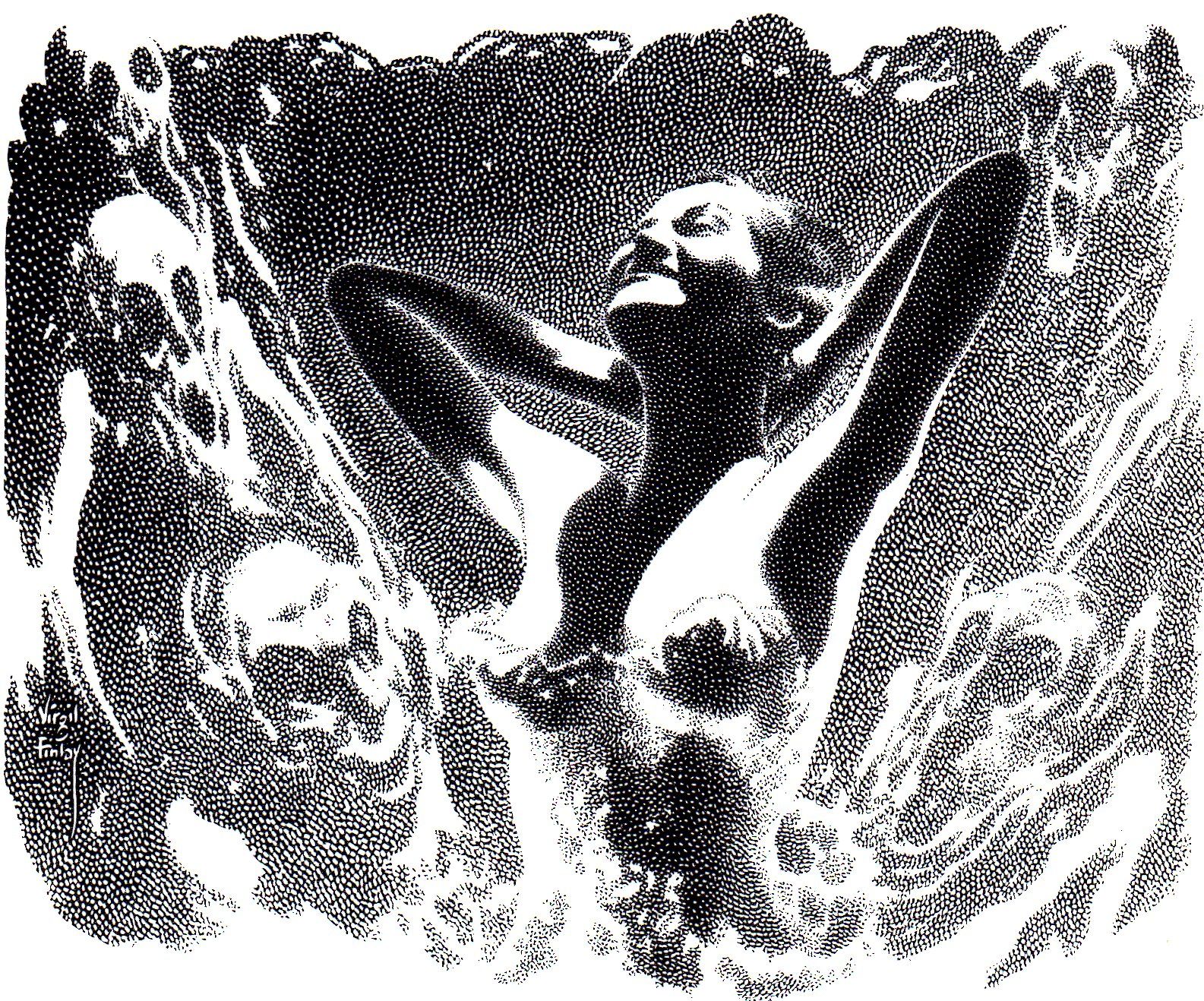 Virgil Finlay for Weird Tales 's visual Art Virgil Finlay, I Can't Wear White by Suzanne Pickett, Weird Tales 53-01. Caption: Mists rose from the lake...some in human, others in goblin-like forms.
