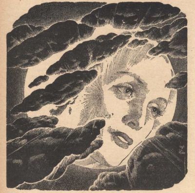 Virgil Finlay for Weird Tales 's visual Art Virgil Finlay, An Offering to the Moon by Clark Ashton Smith, Weird Tales 53-09, p.54.