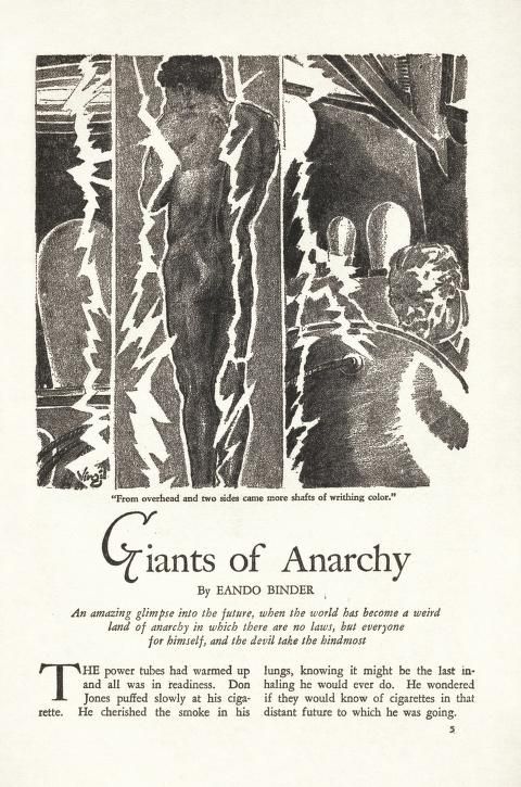Virgil Finlay for Weird Tales 's visual Art Virgil Finlay, Giants of Anarchy by Eando Binder, Weird Tales 39-06/07, p.5.