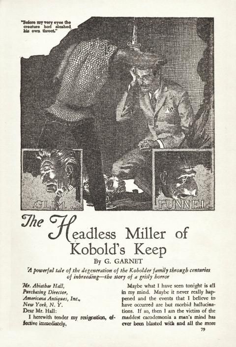 Virgil Finlay for Weird Tales 's visual Art Virgil Finlay, The Headless Miller of Kobold's Keep by G. Garnet, Weird Tales 37-01, 79.