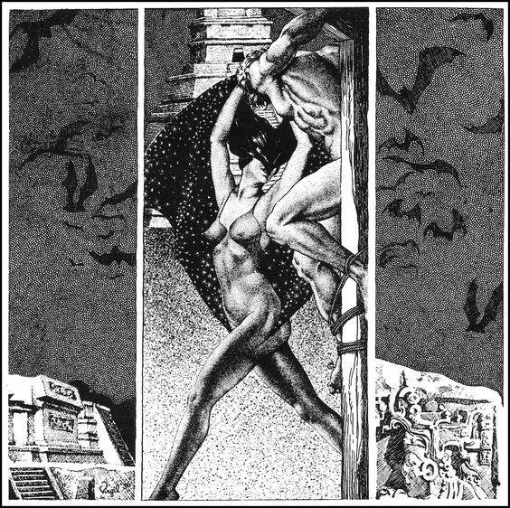 Virgil Finlay for Weird Tales 's visual Art Virgil Finlay, Children of the Bat (Jules de Grandin) by Seabury Quinn, Weird Tales 37-01. Caption: He beat his head against the cross and arched his body forward. All the time La Murcialaga stood there statue-still, with her bat wings spread out.