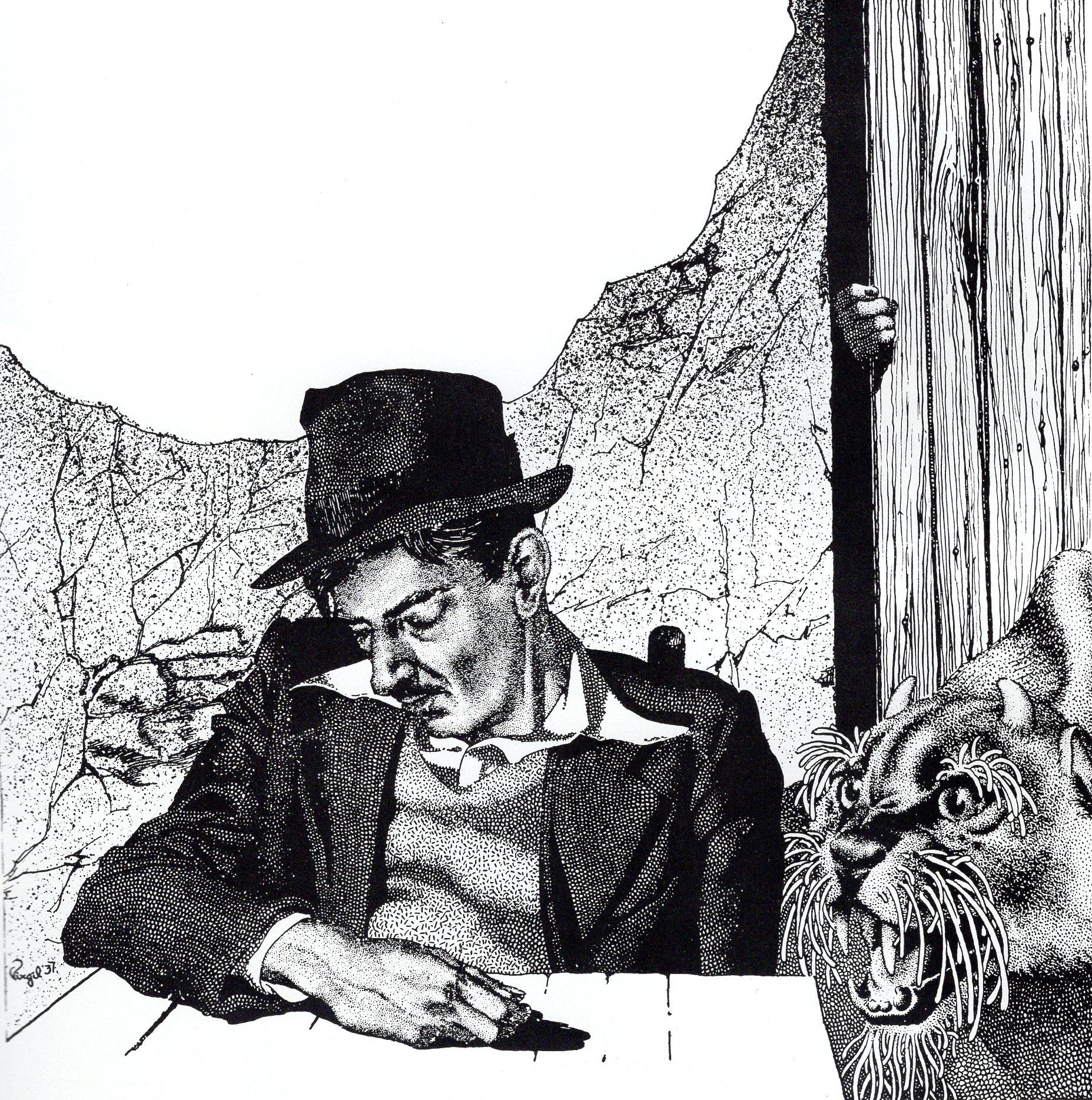 Virgil Finlay for Weird Tales 's visual Art Virgil Finlay, The Creeper in the Crypt by Robert Bloch, Weird Tales 37-07, P.105. Caption: There was something creeping across the cellar floor.