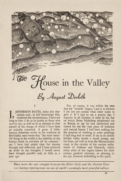 Virgil Finlay for Weird Tales 's visual Art Virgil Finlay, The House in the Valley (right side) by August Derleth, Weird Tales 53-07, p.13.