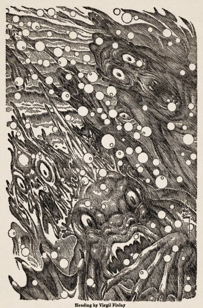 Virgil Finlay for Weird Tales 's visual Art Virgil Finlay, The House in the Valley (left side) by August Derleth, Weird Tales 53-07, p.12.