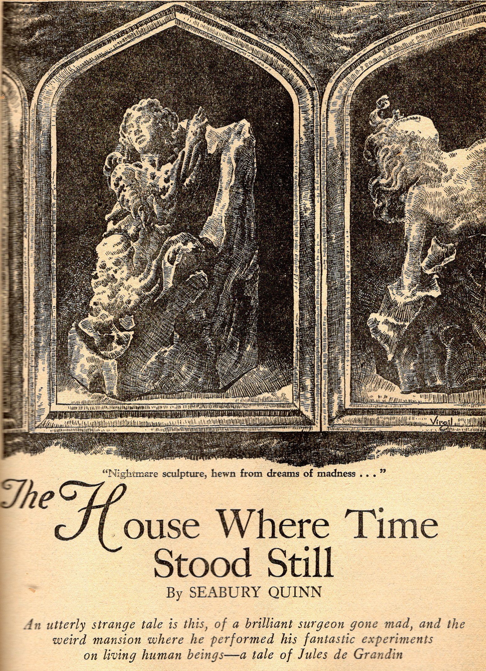 Virgil Finlay for Weird Tales 's visual Art Virgil Finlay, The House Where Time Stood Still by Seabury Quinn, Weird Tales 39-03, p.39.