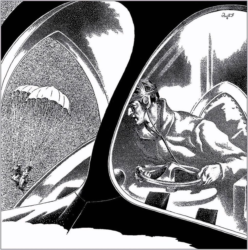 Virgil Finlay for Weird Tales 's visual Art Virgil Finlay, Raider of the Spaceways by Henry Kuttner, Weird Tales 37-07, P.49. Caption: Abruptly the Raider's ship flashed away, came darting down on them.