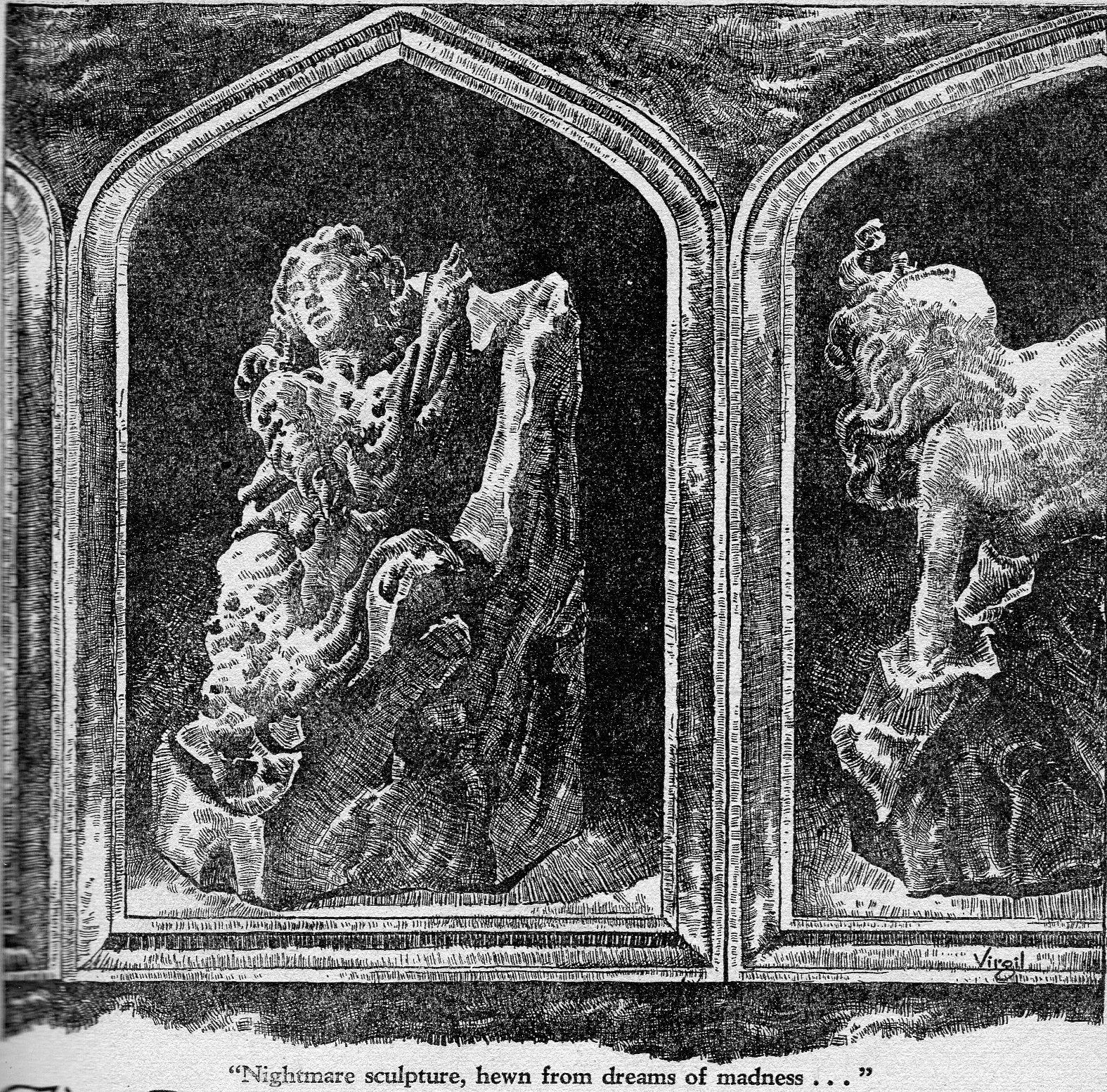 Virgil Finlay for Weird Tales 's visual Art Virgil Finlay, The House Where Time Stood Still by Seabury Quinn, Weird Tales 39-03, p.39.