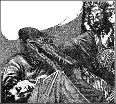 Virgil Finlay for Weird Tales 's visual Art Virgil Finlay, The Secret of Sebek by Robert Bloch, Weird Tales 37-11. Caption: Moving, the squamous horror of the head looked like a close-up.