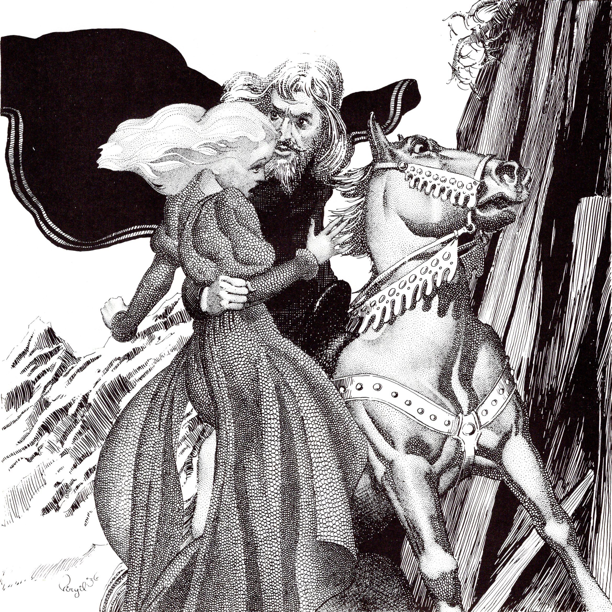 Virgil Finlay for Weird Tales 's visual Art Virgil Finlay, The Dark Star by G.G. Pendarves, Weird Tales 37-03. Caption: To escape him, she flung herself off the cliff path.