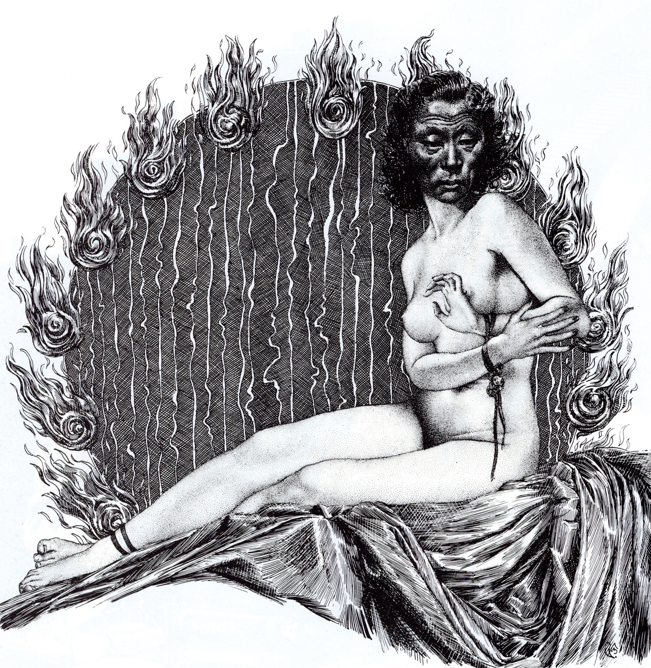 Virgil Finlay for Weird Tales 's visual Art Virgil Finlay, Living Buddhess (Jules de Grandin) by Seabury Quinn, Weird Tales 37-11. Caption: Atop the perfect cream-white body was another face, an old face, a wicked face, a face with Mongoloid features.