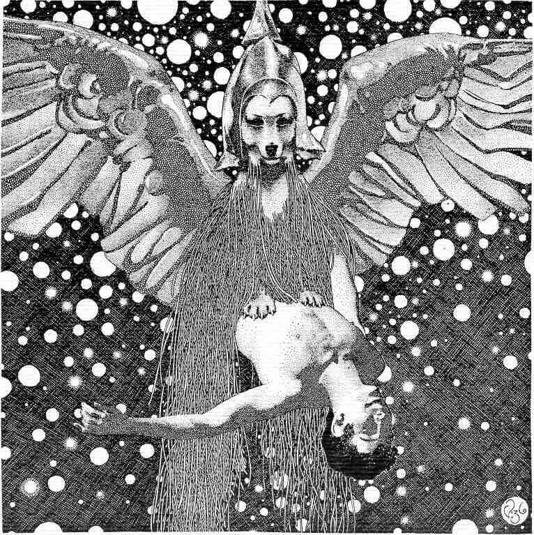 Virgil Finlay for Weird Tales 's visual Art Virgil Finlay, The Guardian of the Book by Henry Hasse, Weird Tales 37-03. Caption: My mind reeled out against the booming monody of the stars.