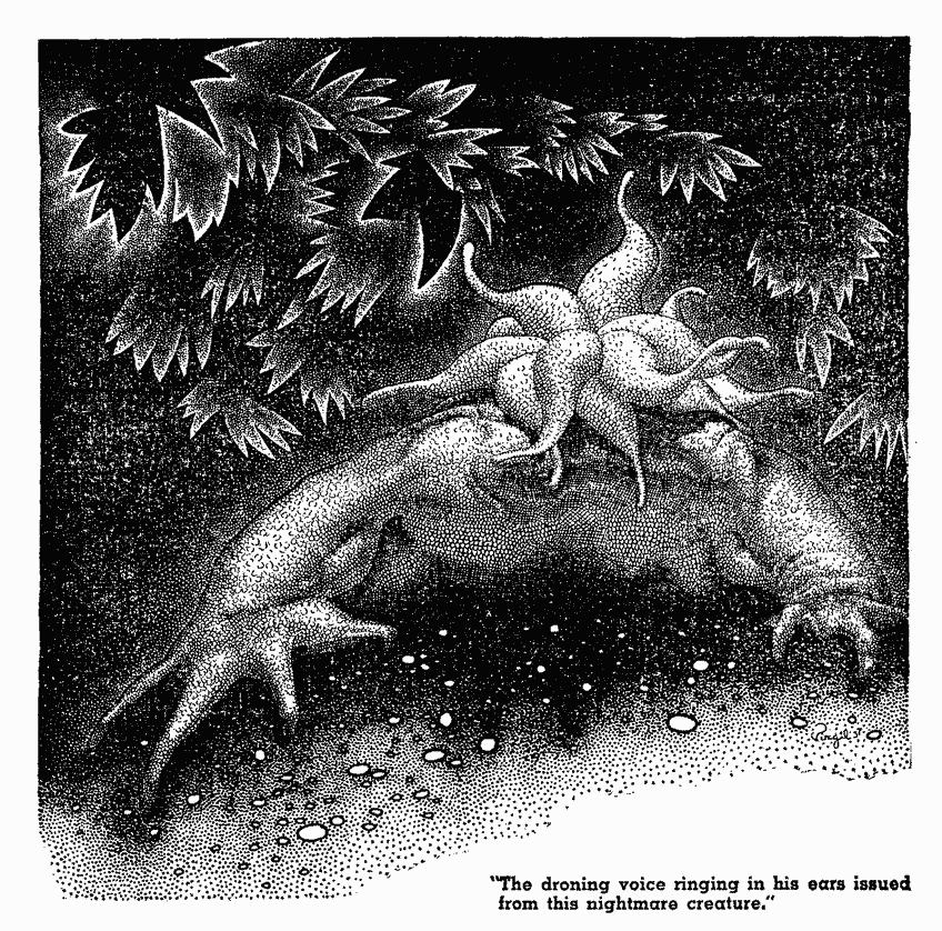 Virgil Finlay for Weird Tales 's visual Art Virgil Finlay, The Black Stone Statue by Mary Elizabeth Counselman, Weird Tales 37-12. Caption: The droning voice ringing in his ears issued from this nightmare creature.