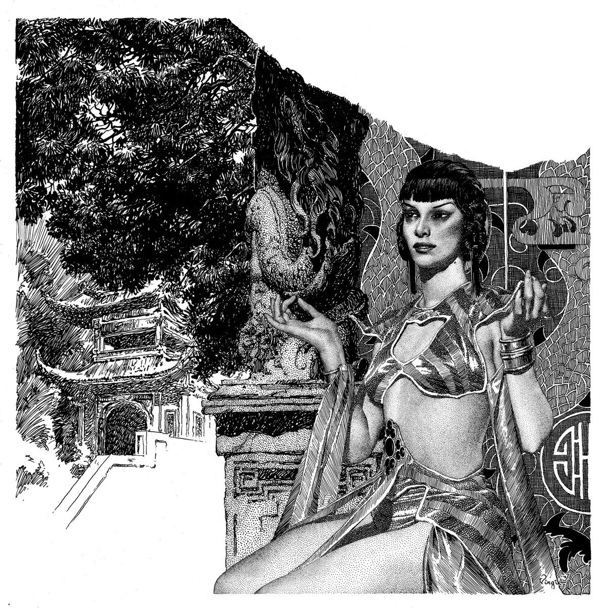 Virgil Finlay for Weird Tales 's visual Art Virgil Finlay, The Mandarin's Ear by Frank Owen, Weird Tales 37-08. Caption: Her body was like warm white velvet.