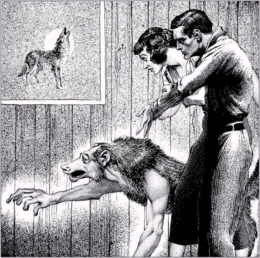 Virgil Finlay for Weird Tales 's visual Art Virgil Finlay, The Woman at Loon Point by August Derleth and Mark Schorer, Weird Tales 36-12. Caption: A man, doomed to assume the shape of a savage wolf.