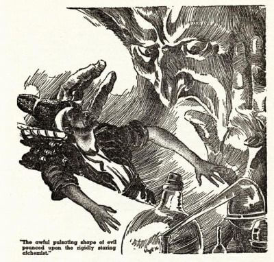 Virgil Finlay for Weird Tales 's visual Art Virgil Finlay, The Elixir of Death by Eando Binder, Weird Tales 37-03. Blurb: The Story of an unscrupulous alchemist whose sins brought down upon him a weird and terrible doom.