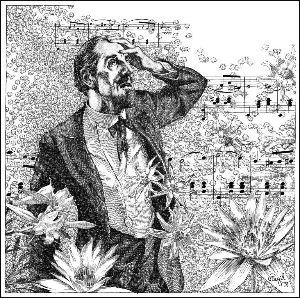 Virgil Finlay for Weird Tales 's visual Art Virgil Finlay, The House of Living Music by Edmond Hamilton, Weird Tales, January, 38-01. Caption: 