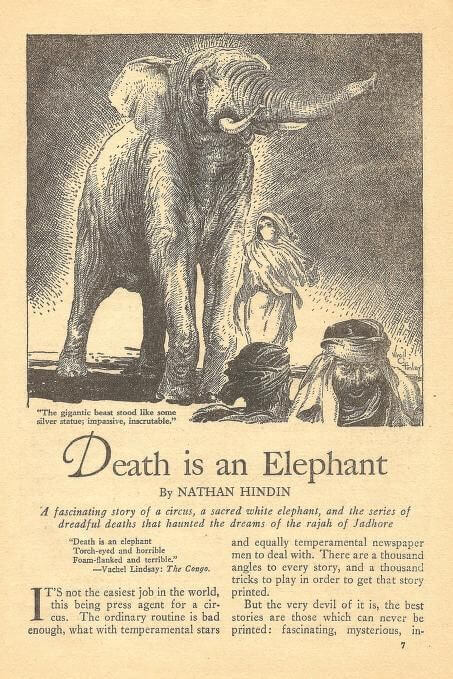 Virgil Finlay for Weird Tales 's visual Art Virgil Finlay, Death Is an Elephant by Nathan Hindin, Weird Tales 39-02, p.7.