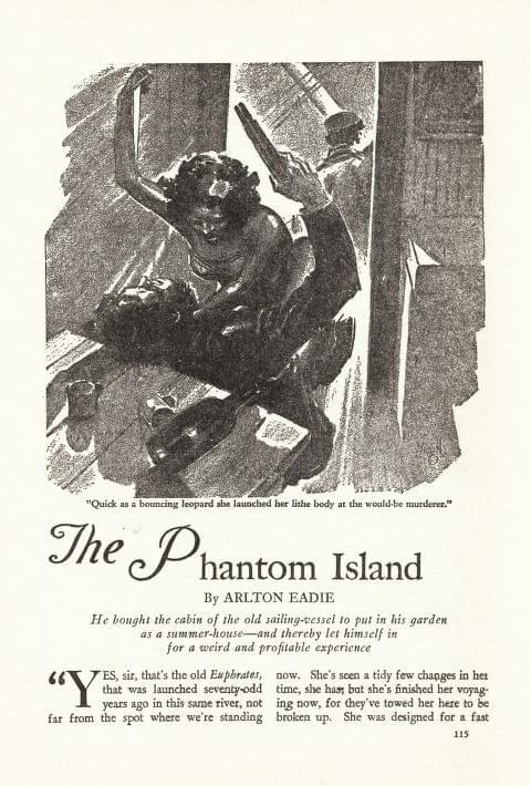Virgil Finlay for Weird Tales 's visual Art Virgil Finlay, The Phantom Island by Arlton Eadie, Weird Tales 39-05, p.115.