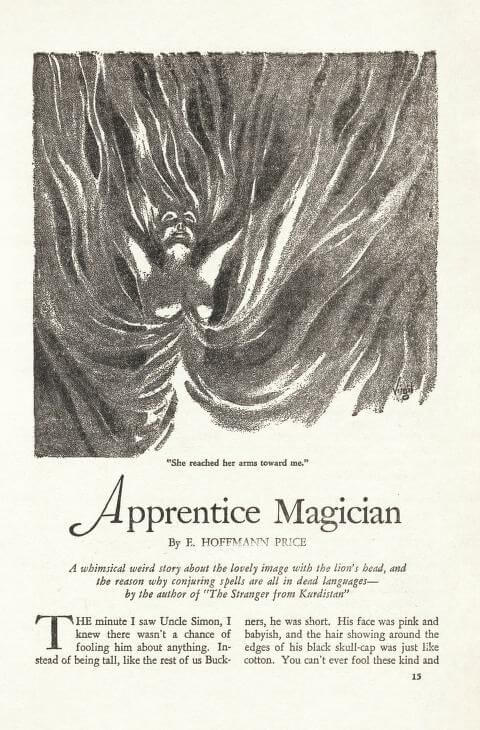 Virgil Finlay for Weird Tales 's visual Art Virgil Finlay, Apprentice Magician by E. Hoffman Price, Weird Tales 39-08, p.15.
