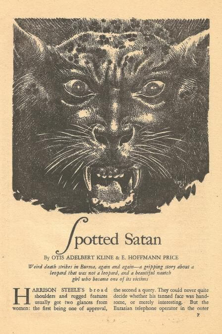 Virgil Finlay for Weird Tales 's visual Art Virgil Finlay, Spotted Satan by Otis Adelbert Kline & E. Hoffman Price, Weird Tales 40-01, p.7.
