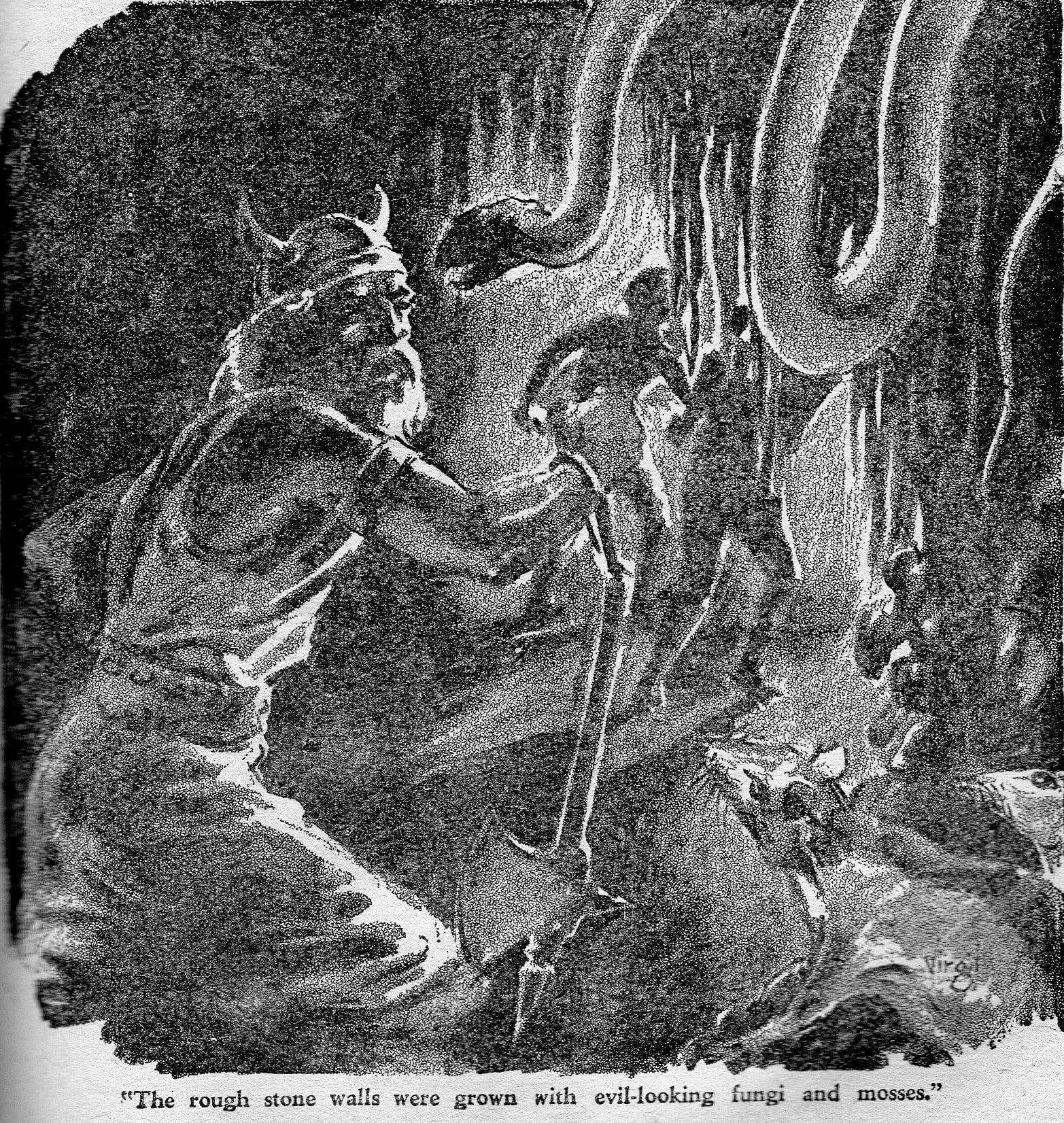 Virgil Finlay for Weird Tales 's visual Art Virgil Finlay, Comrades of Time by Edmond Hamilton, Weird Tales 39-03, P.103. Blurb: A thrill-tale of our world a million years from now, and of the aged Wise One who craved the boon of death.