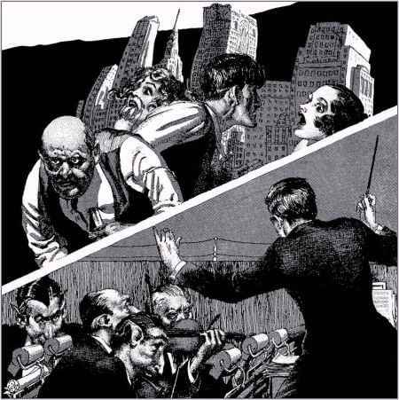 Virgil Finlay for Weird Tales 's visual Art Virgil Finlay, Symphony of the Damned by John R. Speer, Weird Tales 37-04. Caption: Tomorrow madness will reign supreme.