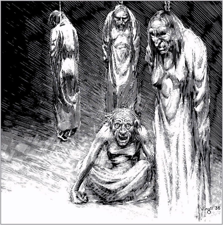 Virgil Finlay for Weird Tales 's visual Art Virgil Finlay, Pigeons from Hell by Robert E. Howard, Weird Tales 38-05. Caption: It was the windowless chamber I saw in my dream, with the three bodies hanging there.