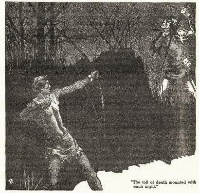 Virgil Finlay for Weird Tales 's visual Art Virgil Finlay, The Last Archer by Earl Peirce, Jr., Weird Tales 37-03. Blurb: One of the strangest stories ever written - a tale that begins in the time of Richard the Lion-Hearted and the Crusades and ends in our own day.