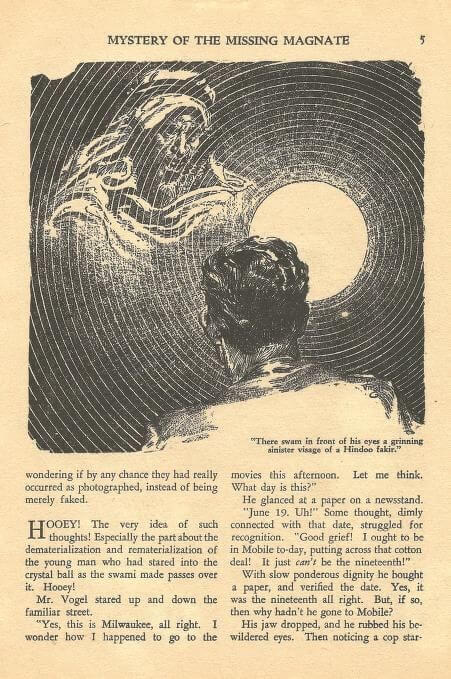 Virgil Finlay for Weird Tales 's visual Art Virgil Finlay, Mystery of the Missing Magnate by Ralph Milne Farley, Weird Tales 39-10, p.55. ISFdb credits this to Finlay but there is no signature. It must have gotten cut off.