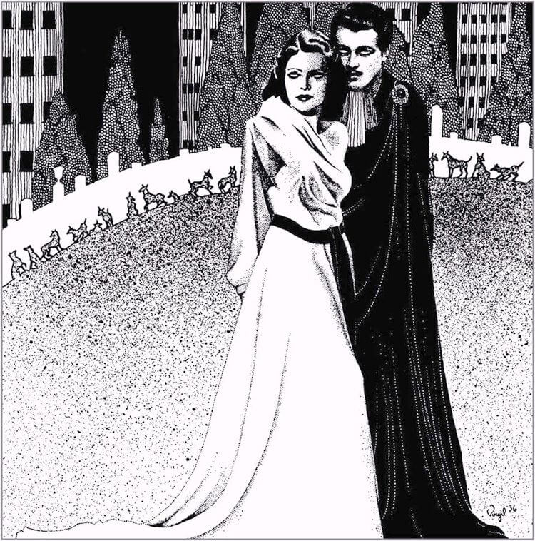 Virgil Finlay for Weird Tales 's visual Art Virgil Finlay, The Room of Shadows by Arthur J. Burks, Weird Tales 36-05. Caption: 