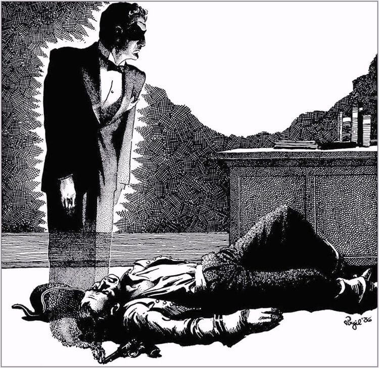 Virgil Finlay for Weird Tales 's visual Art Virgil Finlay, The Man in Black by Paul Ernst, Weird Tales 36-11. Caption: All had Seen the man in black go but none had seen him come out.